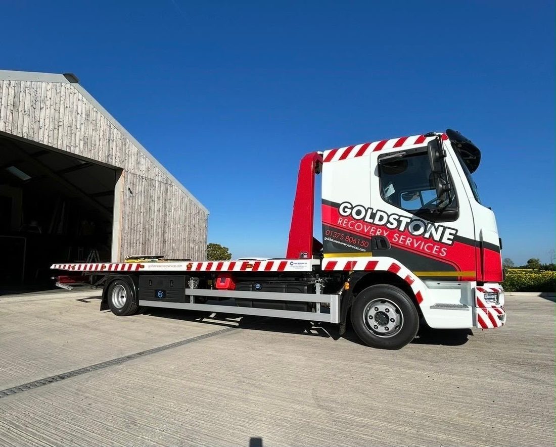 Goldstone Recovery Services flatbed recovery truck, wrapped by Lauryn Jaime Ltd