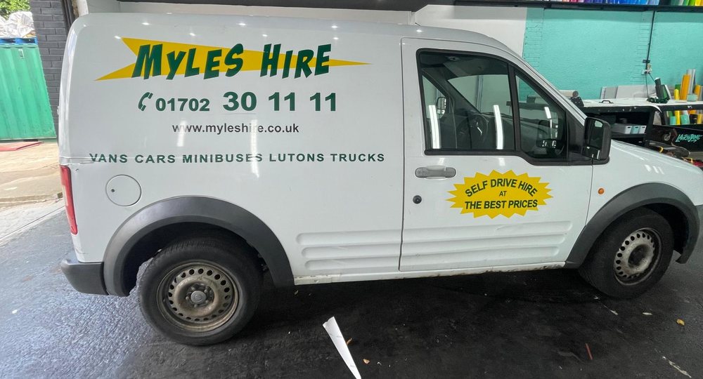 Myles Hire van hand and vinyl sign writing by Lauryn Jaime Ltd