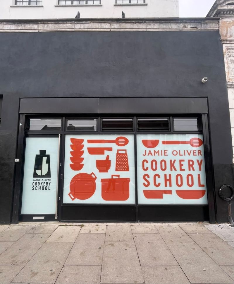 Jamie Oliver Cookery School shop front window graphics by Lauryn Jaime Ltd