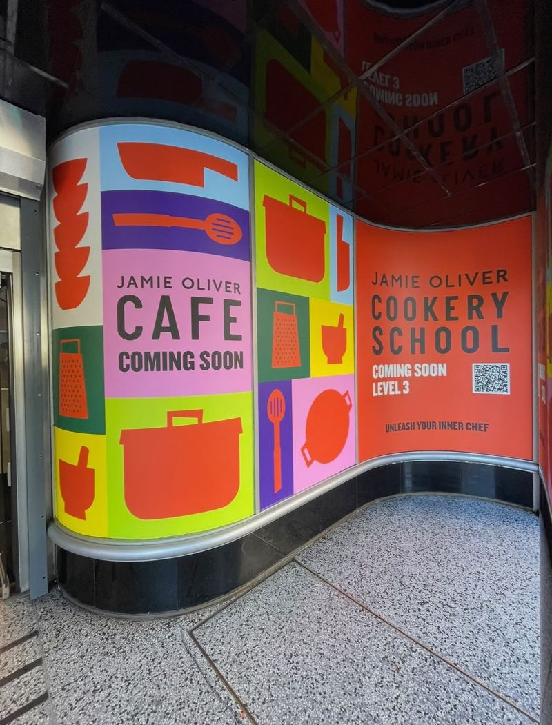 Jamie Oliver Cafe and Cookery School coming soon wall graphics by Lauryn Jaime Ltd