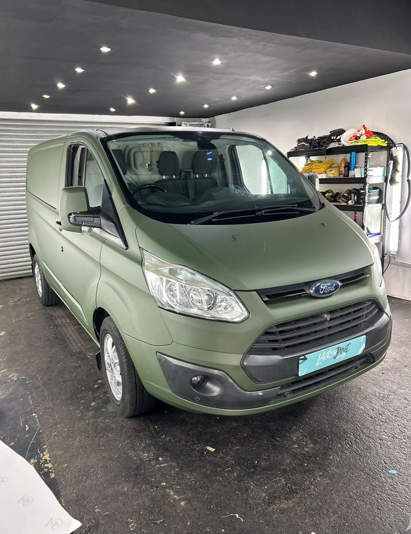 Matte green Ford Transit full wrap by Lauryn Jaime Ltd