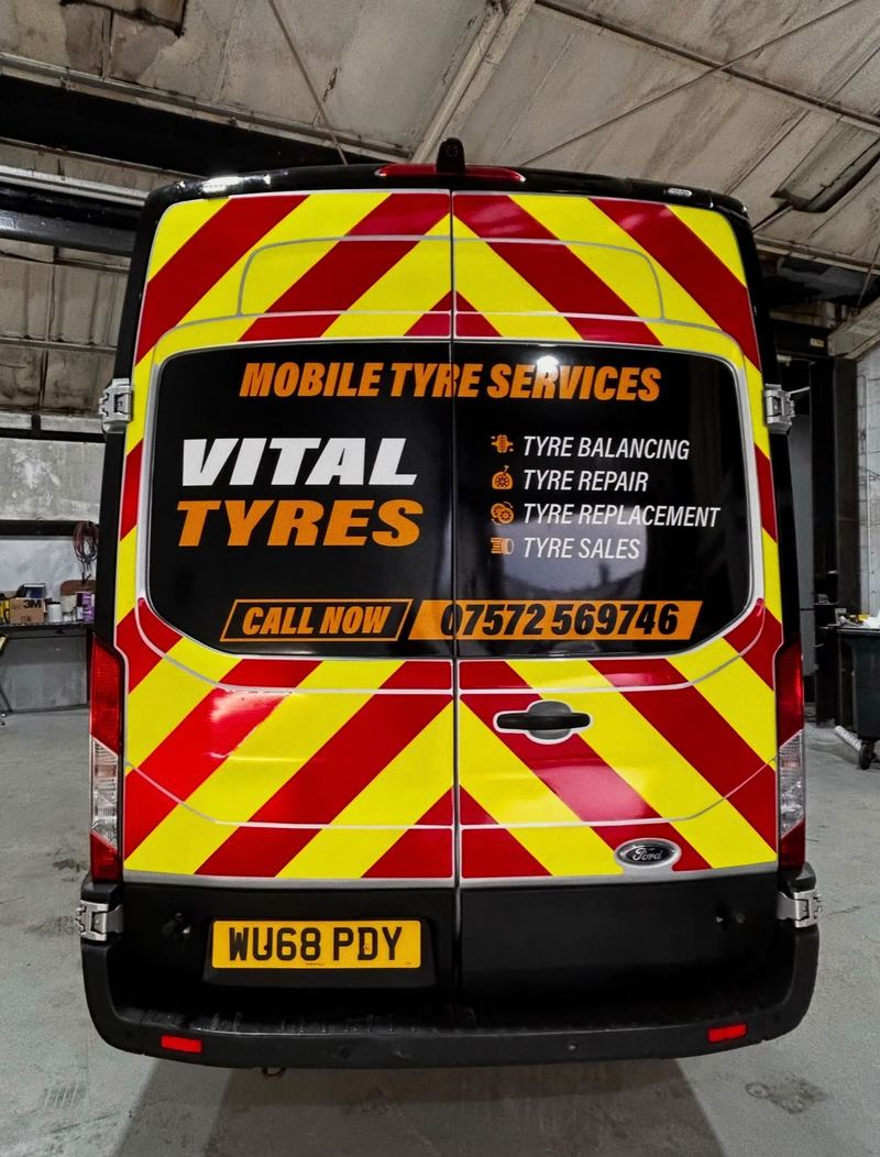 Vital Tyres mobile tyre service van chevron wrap by Lauryn Jaime Ltd