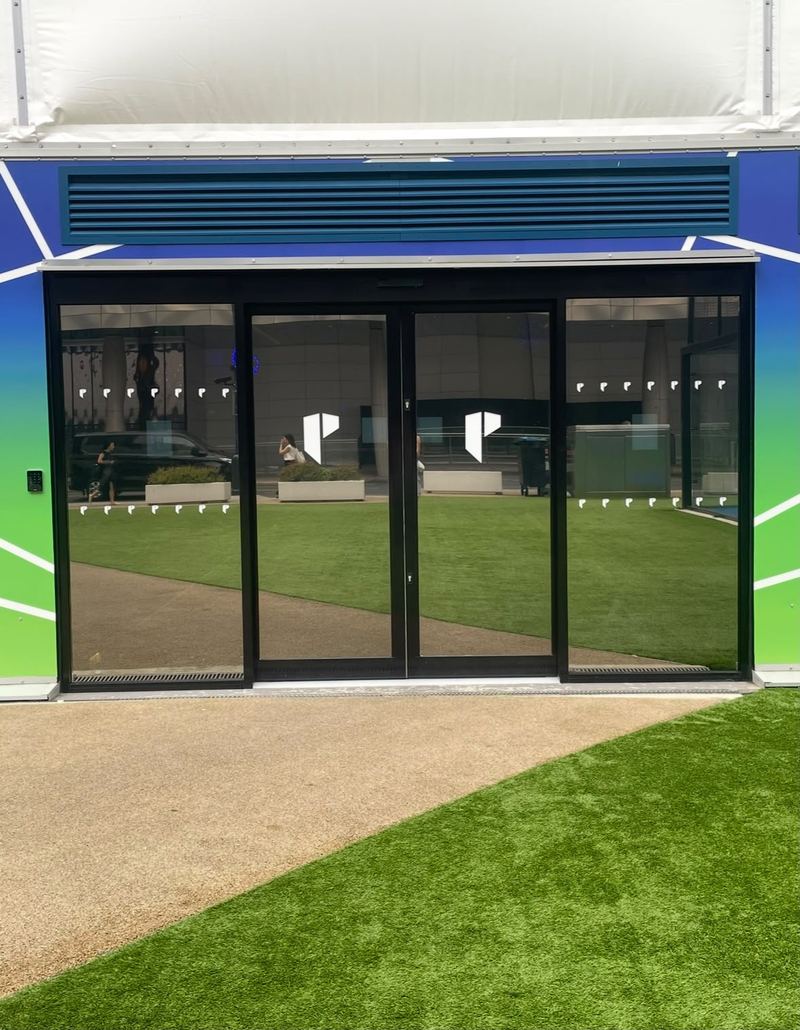 Sports facility entrance door graphics by Lauryn Jaime Ltd