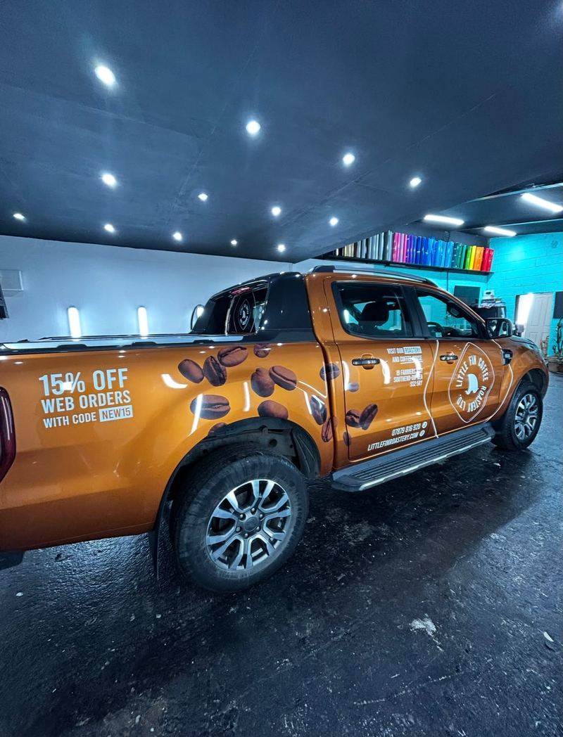 Little Fin Coffee Roastery pickup truck wrap by Lauryn Jaime Ltd