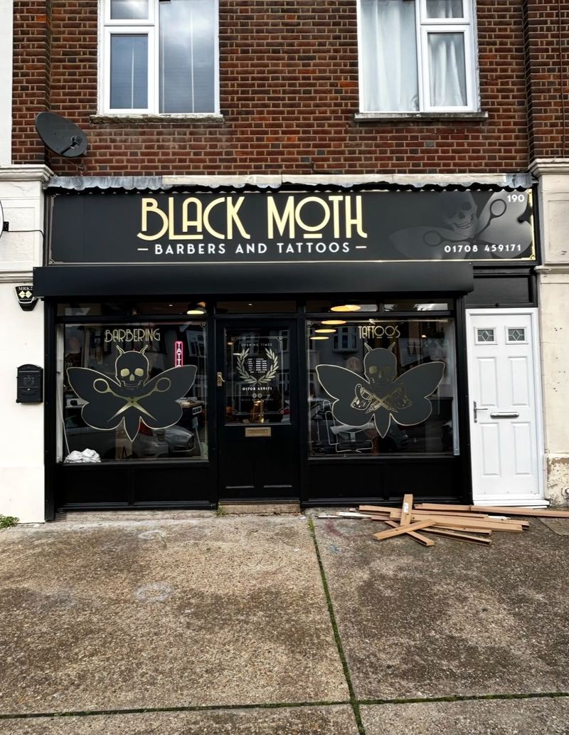 Black Moth Barbers and Tattoos shop front signage by Lauryn Jaime Ltd