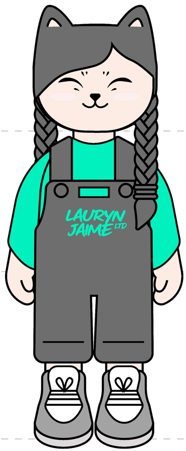 The Lauryn Jaime Ltd brand character, kitted out in studio merch